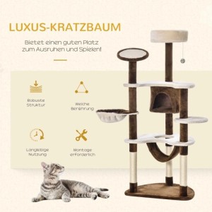 PawHut XXL Kratzbaum mit Katzenhöhle, Hängematten, Sisalstämmen in Braun/Beige. Eine Katze liegt davor.