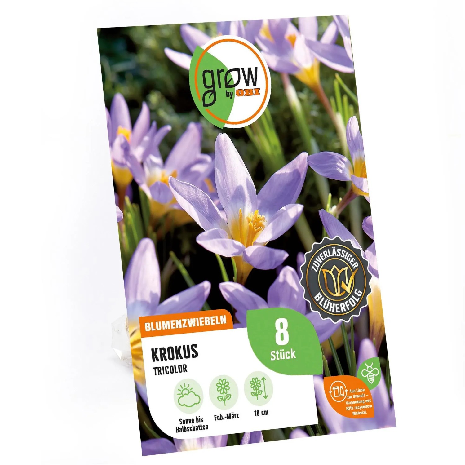 Verpackung GROW by OBI Krokus Tricolor, 8 Stück Blumenzwiebeln mit lila-beigen Blüten.