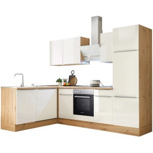 Respekta Winkelküche Marleen 280 cm in Artisan-Eiche und Weiß Hochglanz mit E-Geräten.