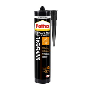 Pattex Montagekleber Universal, weiße Kartusche mit Aufsatzdüse.