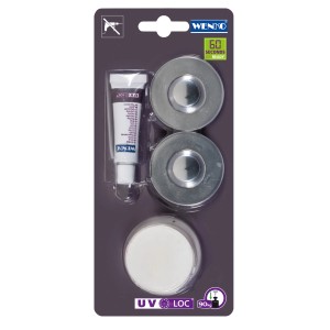 WENKO UV-Loc® Befestigungsset Chrom: 2 Montageplatten, Kleber, UV-Lampe für Drahtkörbe.