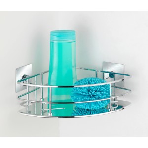 Wenko Eckablage Quadro aus Edelstahl mit türkiser Flasche und Schwamm, befestigt mit Turbo-Loc Klebepad.