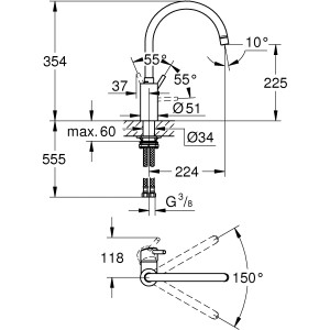 Technische Zeichnung: Grohe Concetto Einhand-Spültischbatterie Supersteel mit Maßen und Details.