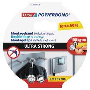 Tesa Powerbond Ultra Strong Montageband, 5m x 19mm, beidseitig klebend für Innen- und Außenbereich.