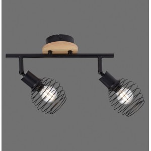 Just Light Spot Eugen, zweiflammige Deckenleuchte mit Holz-Akzenten und schwarzen Lampenschirmen.