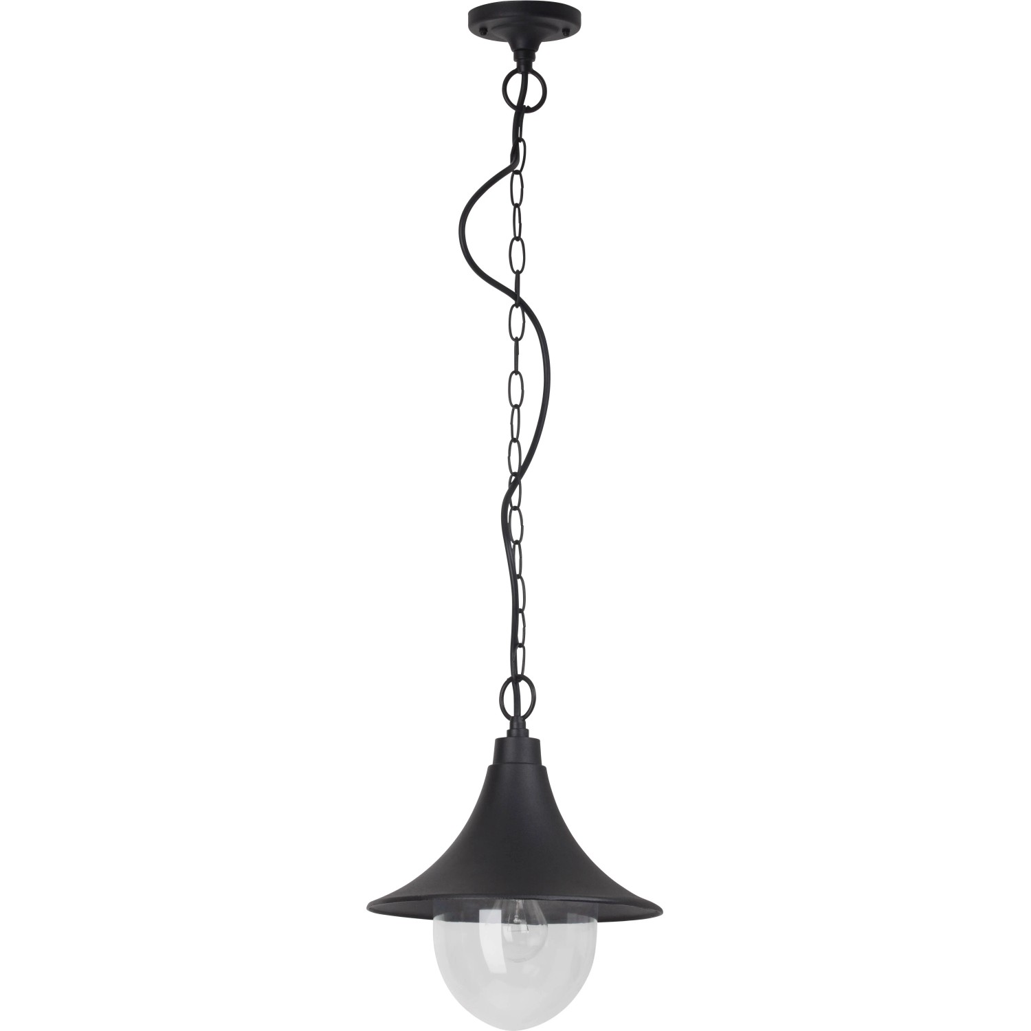 Schwarze Brilliant Außen-Pendelleuchte Berna mit Kette und klarem Glas für Garten und Terrasse.