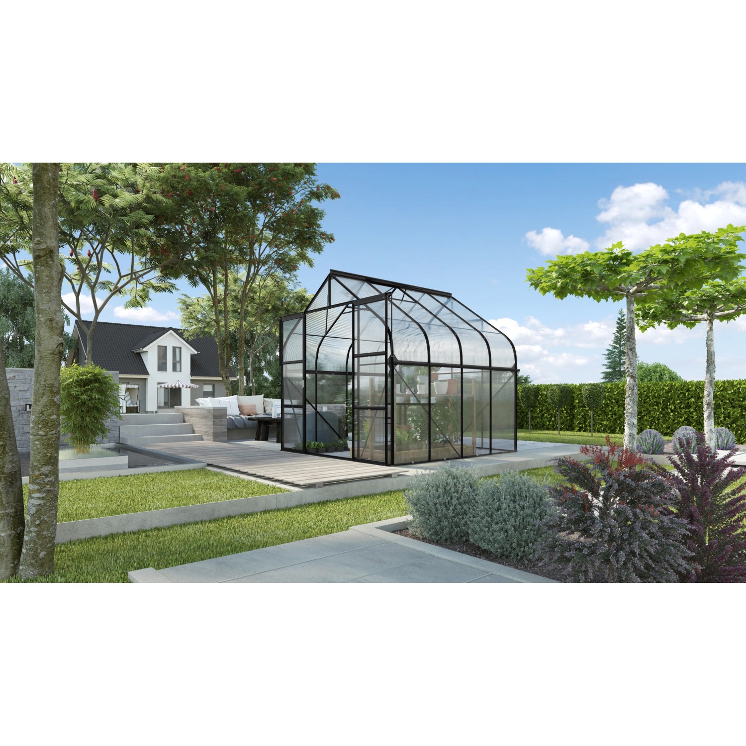 Schwarzes Vitavia Gewächshaus Diana 6700 HKP mit Hohlkammerplatten im Garten.