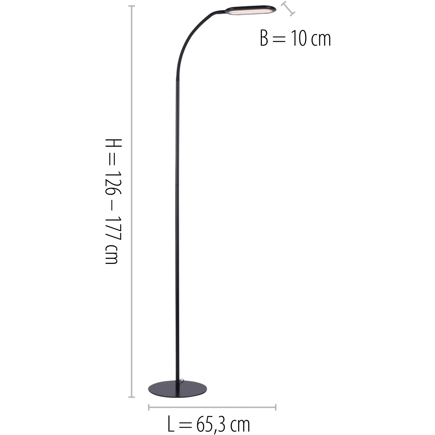 Schwarze LED Stehleuchte Kelly, höhenverstellbar, modernes Design für Wohn- und Schlafbereich.