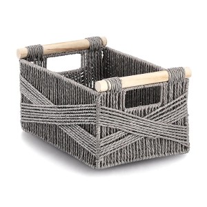 Grauer Zeller Aufbewahrungskorb aus Papiergeflecht mit Holzgriffen, 35,5x22x17,5 cm.