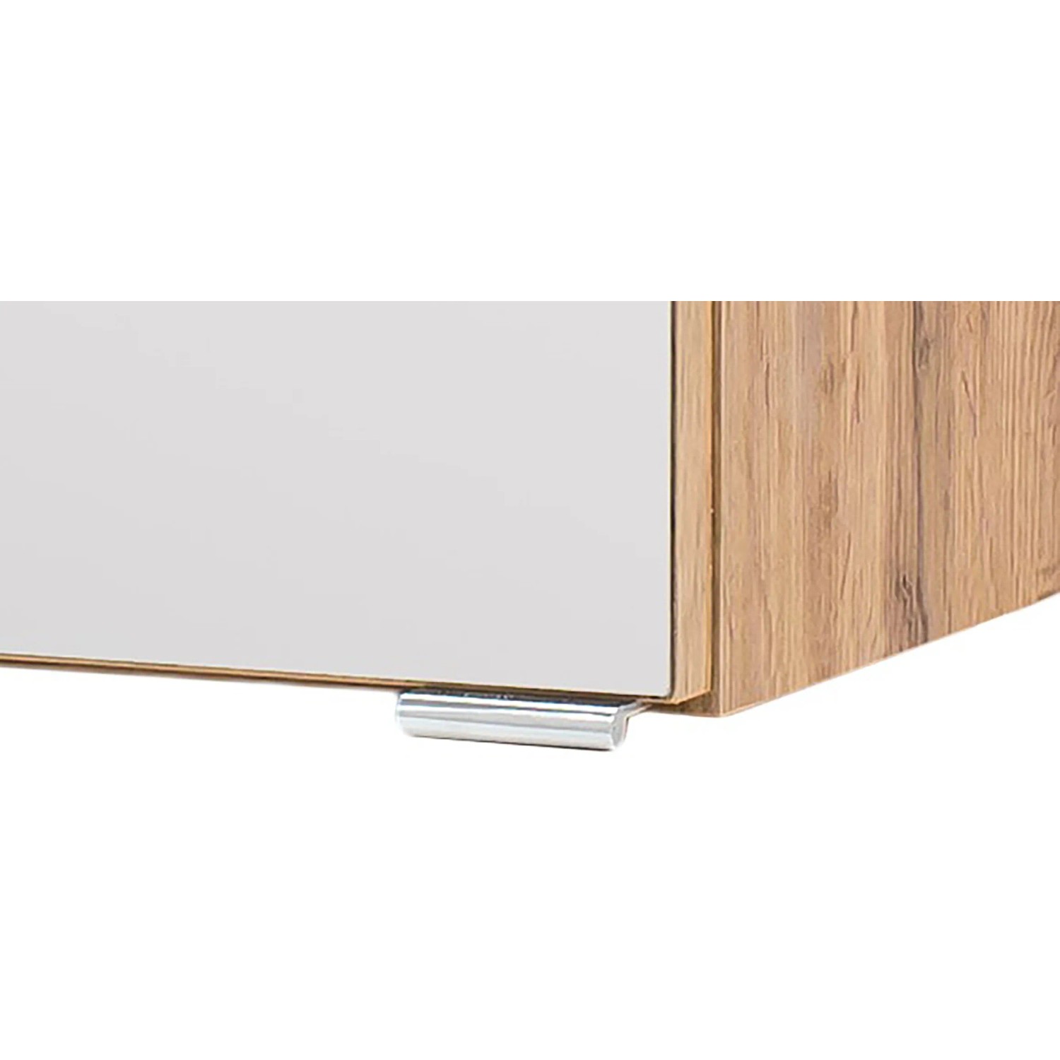 Detailaufnahme: Held Möbel Waschtisch-Set Salerno, Wotaneiche Dekor, weißes Element, chromfarbener Fuß.