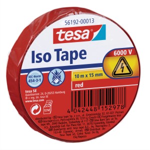 Rolle rotes Tesa Iso Tape, 10m x 15mm, zum Isolieren und Reparieren von elektrischen Leitungen.