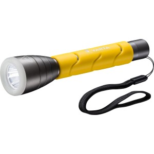 Gelb-graue Varta LED-Taschenlampe Outdoor Sports F20 mit Handschlaufe.