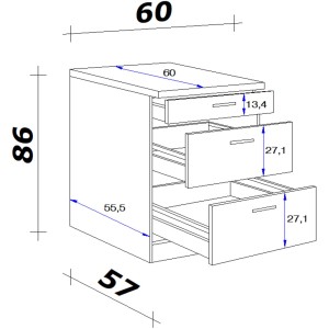 Technische Zeichnung: Flex-Well Exclusiv Auszugsunterschrank Valero, 60 cm, mit Maßen.