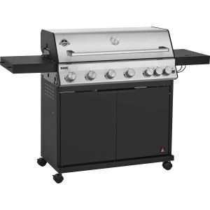 Jamestown Kane 6 Gasgrill mit 6 Brennern, Edelstahlhaube, Seitentischen und schwarzem Unterschrank.