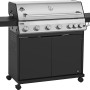 Jamestown Kane 6 Gasgrill mit 6 Brennern, Edelstahlhaube, Seitentischen und schwarzem Unterschrank.