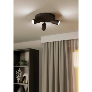 Schwarze, runde Eglo LED-Spotleuchte Telimbela-Z, 3-flammig, an Zimmerdecke.