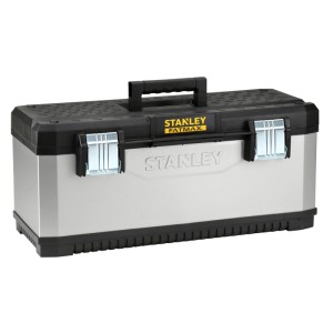 STANLEY FATMAX Werkzeugbox 26 aus Metall-Kunststoff. Robuster Werkzeugkoffer mit silbernem Korpus, schwarzem Deckel und Griff.