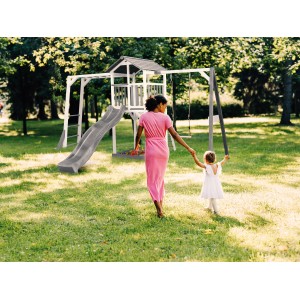 Axi Beach Tower Spielturm mit Klettergerüst, Einzelschaukel, Grauer Rutsche