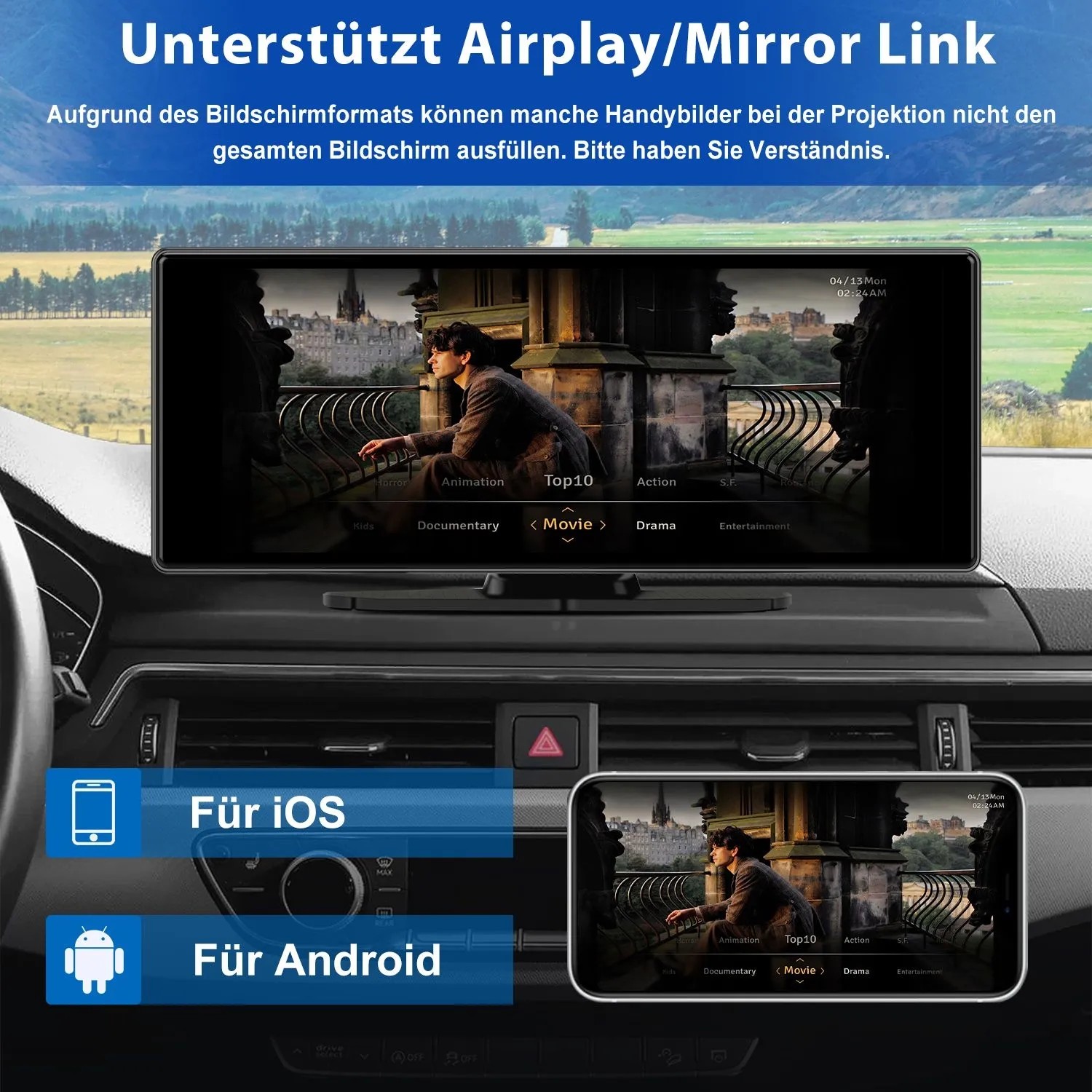 JUNSUN CARPLAY 10 Zoll Autoradio mit Touchscreen im Auto, zeigt Film. Unterstützt kabelloses CarPlay & Android Auto.