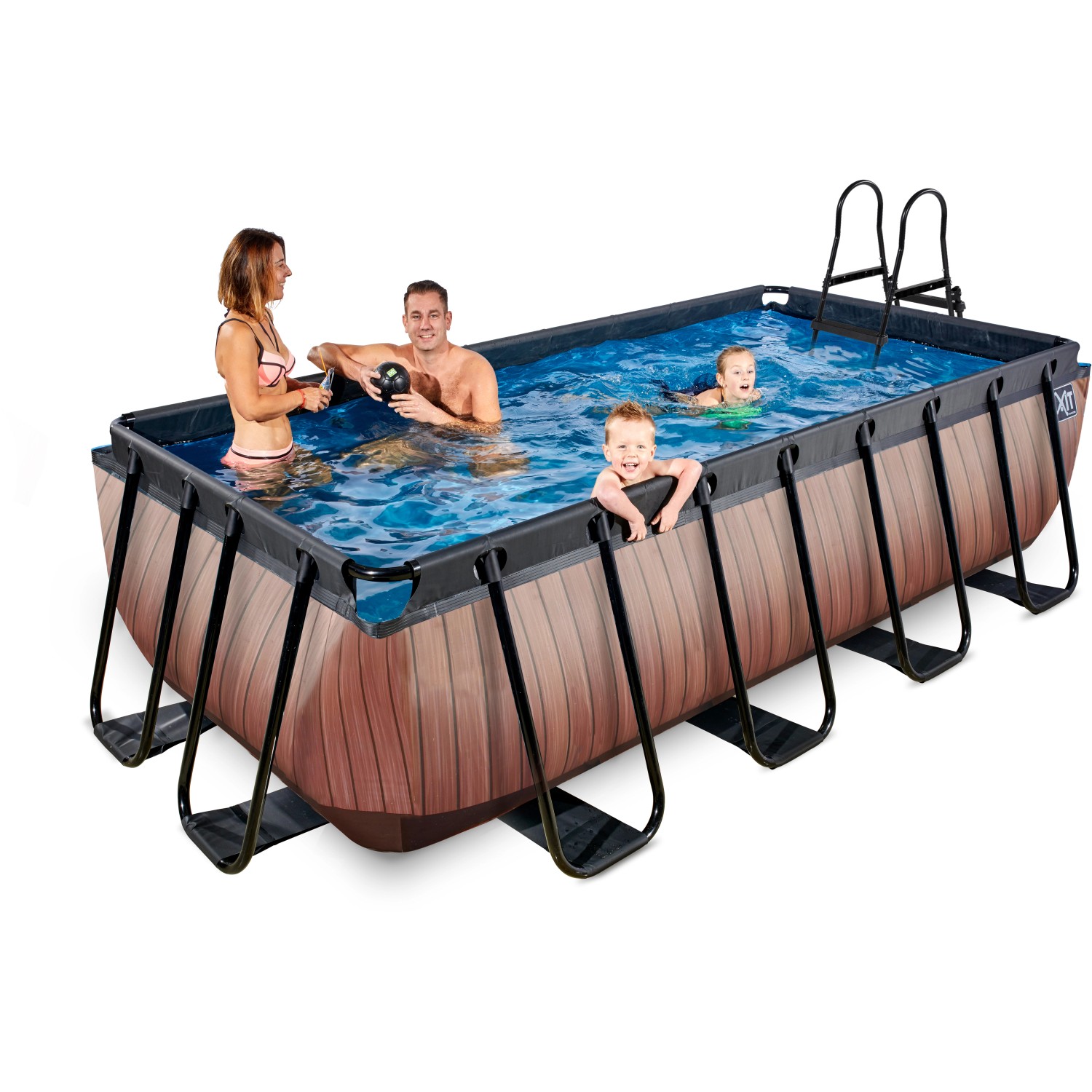 EXIT Wood Pool, brauner Stahlrahmenpool 400x200x100cm mit Filterpumpe und Familie im Wasser.