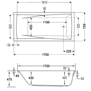 Technische Zeichnung der rechteckigen Badewanne Atlanta, 170x75 cm, mit Maßangaben.