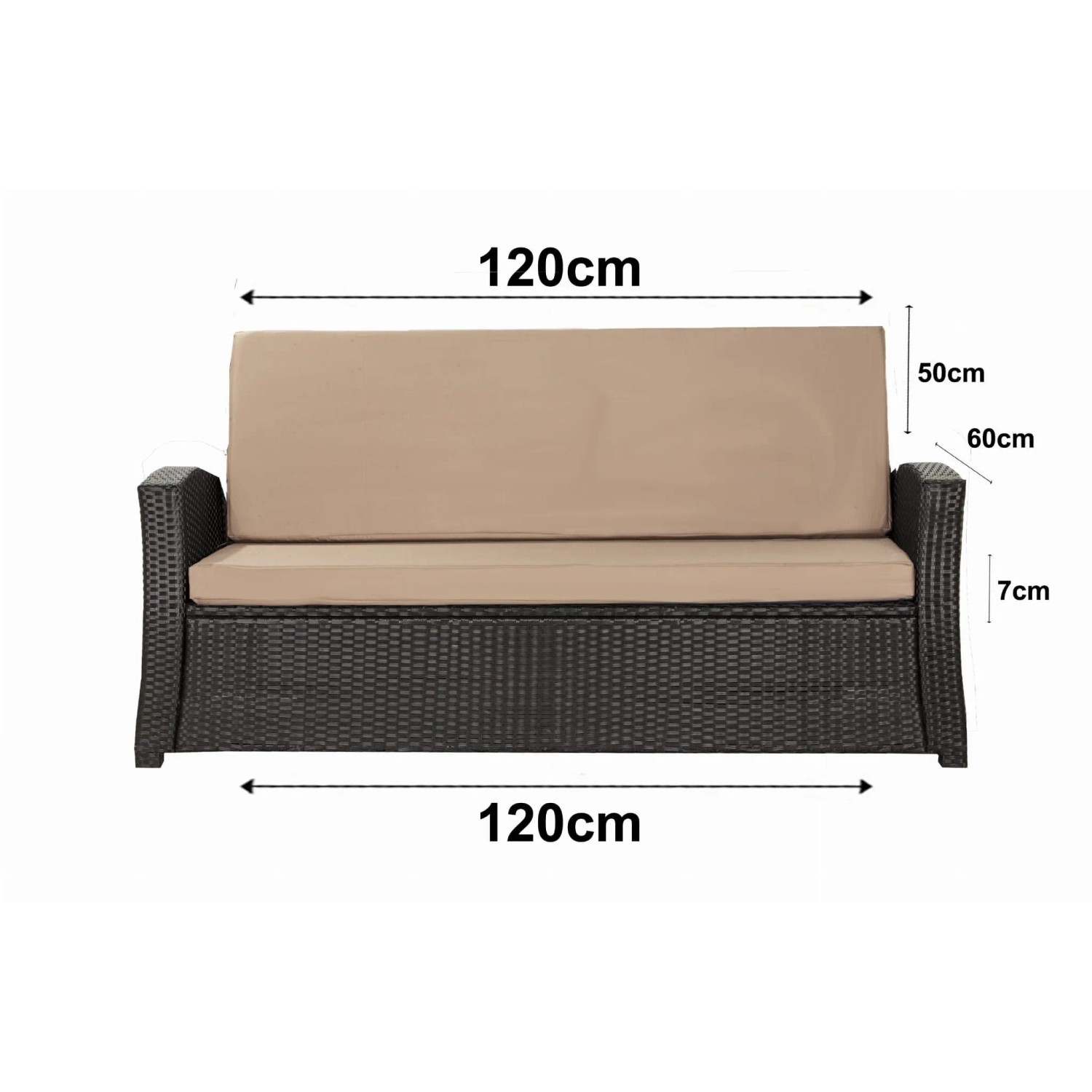 Beiges Gartenkissen-Set für 2-Sitzer Polyrattan-Gartensofa, 120x60x50 cm. Sitz- und Rückenkissen.