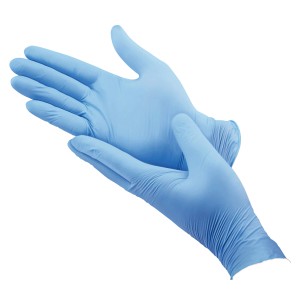 Blauer Nitril-Einweghandschuh Hygienic One, Größe 8, 100 Stück, für Arbeiten in Labor und Küche.