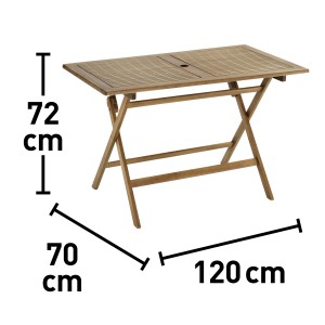 Rechteckiger, brauner Gartentisch Greenville aus FSC®-Holz, 120x70 cm, mit Klappfunktion.