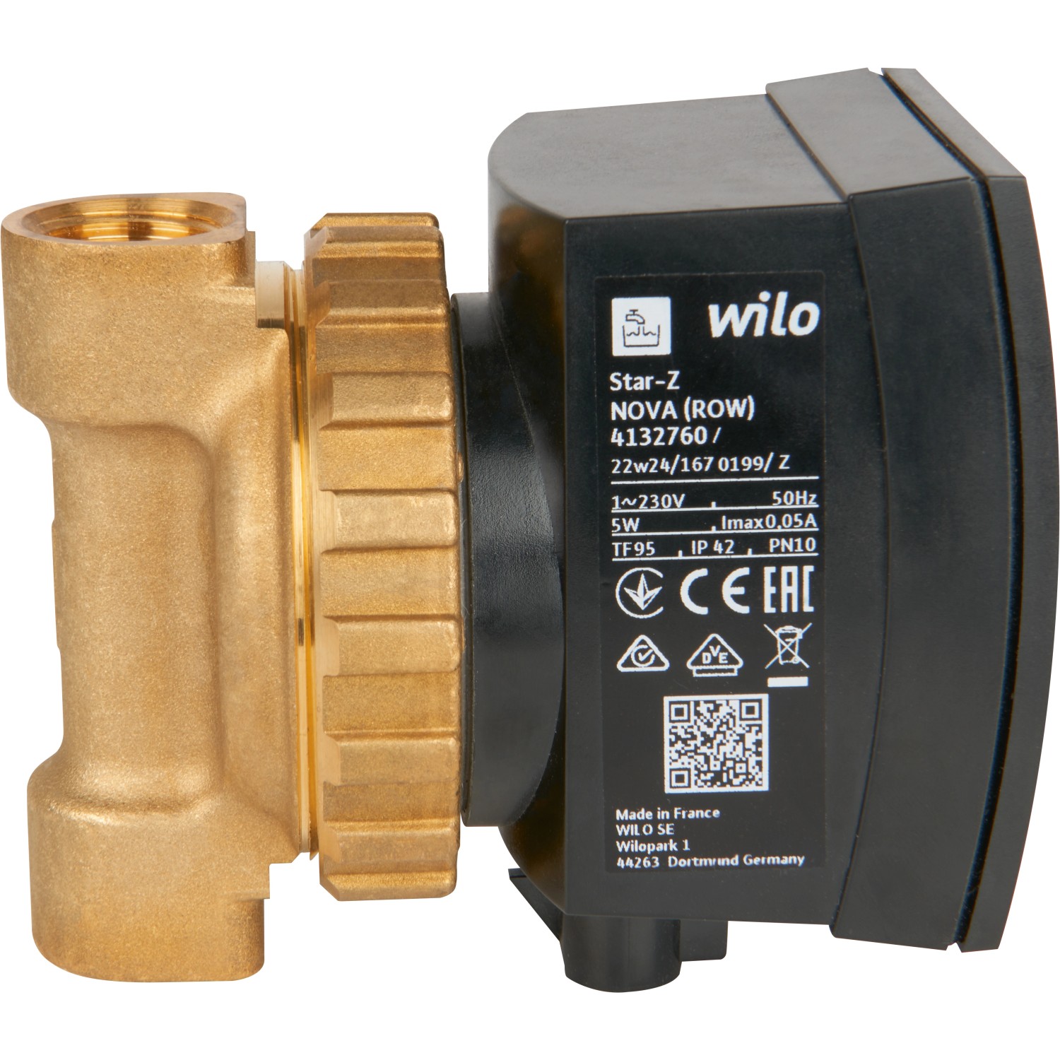 Wilo-Star-Z NOVA Zirkulationspumpe für Heizungs-Installation, Gehäuse aus Messing und schwarzem Kunststoff.