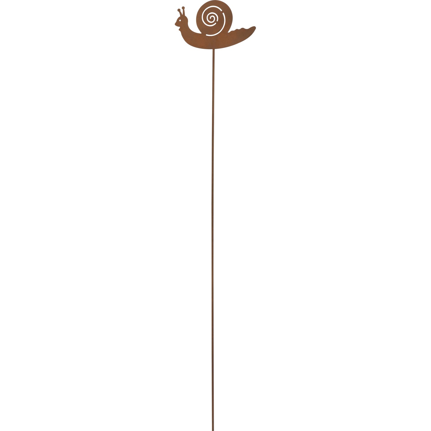 Rostfarbener Gartenstecker Schnecke, 115 cm hoch, zur Dekoration von Beeten und Pflanzkübeln.