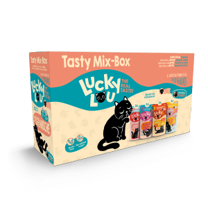 Lucky Lou Katzen-Nassfutter Tasty-Mix, 12x125g, Mixbox mit 4 Sorten für erwachsene Katzen.