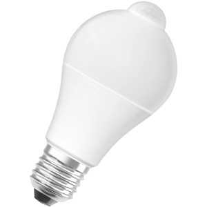 Osram LED-Lampe E27 mit Bewegungssensor, 9W, warmweiß, matte Glühlampenform.