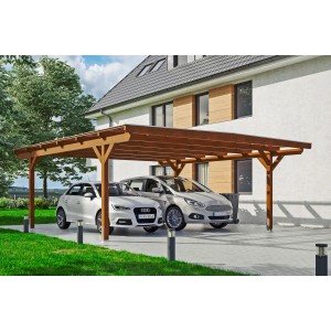 Skan Holz Carport Odenwald Nussbaum, Doppelcarport für zwei PKW vor einem Wohnhaus.
