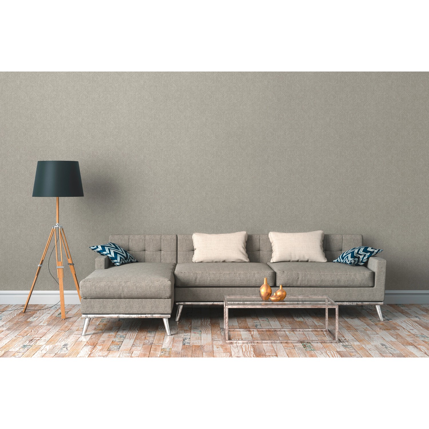 Wohnraum mit brauner Vliestapete Orient Vintage, leicht strukturiert.