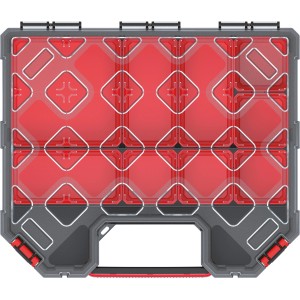 Kistenberg Werkzeug-Organizer Tager Carbo, Aufbewahrungssystem mit transparentem Deckel und roten Fächern.