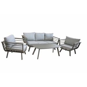 Graue 4-teilige Lounge-Gruppe Elia mit Sofa, zwei Sesseln und Tisch für Garten oder Terrasse.