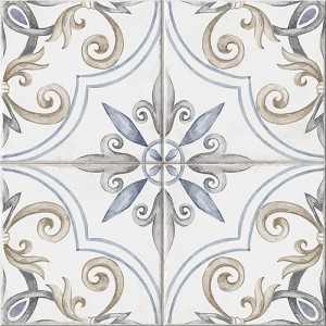 Cersanit Bodenfliese Albergo, Feinsteinzeug mit blau-grauem Patchwork-Muster, 42x42 cm.