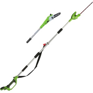 Greenworks Akku-Teleskop-Heckenschere Sägekombo G40PSHK2 KIT mit Hochentaster- und Heckenscherenaufsatz.