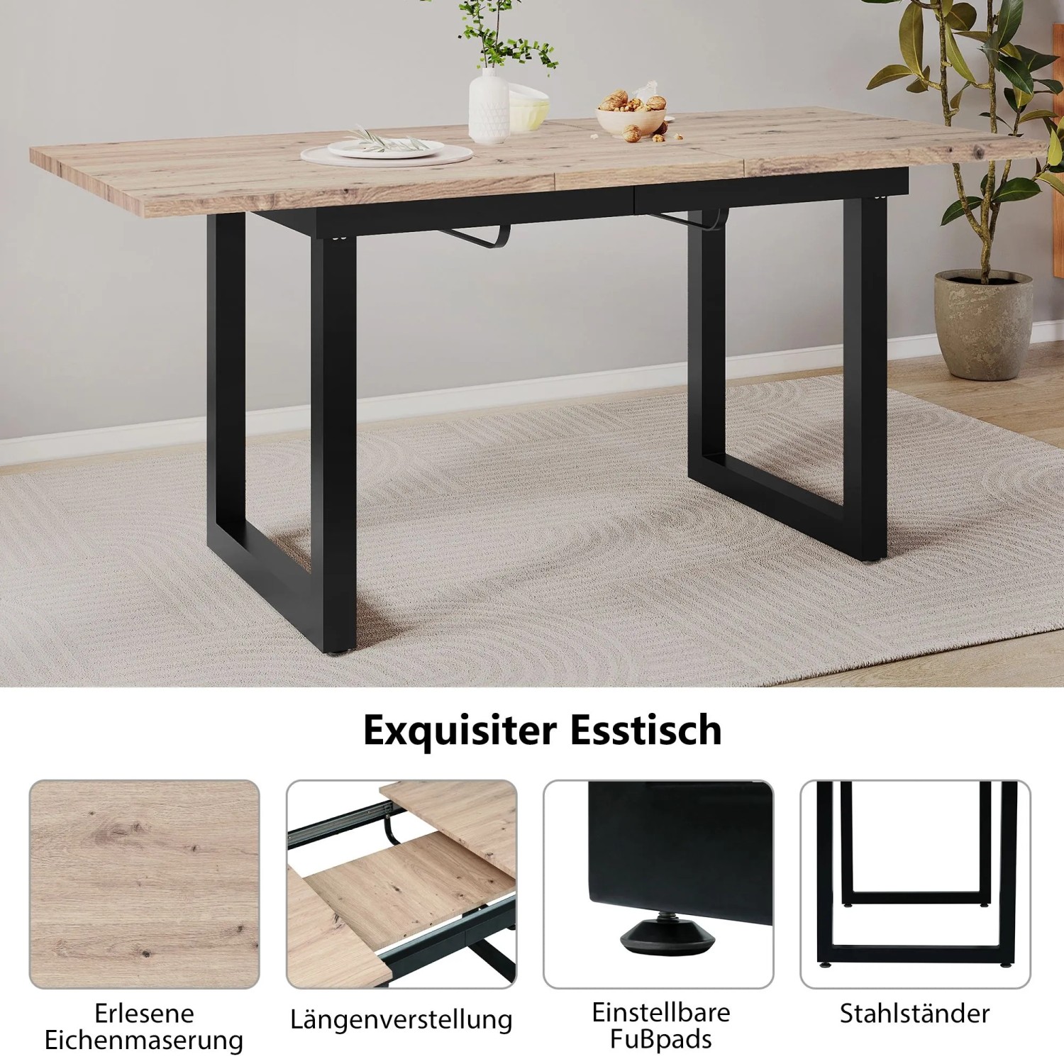 okwish Esstisch Erweiterbar/Rechteckig Kaffee-Freizeittisch aus Eisen 140 x 80 cm Natur_6