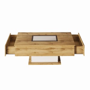 Couchtisch aus Holz mit Glasplatte, LED-Beleuchtung, 2 ausgezogenen Schubladen und weißem Fach. Modernes Design.