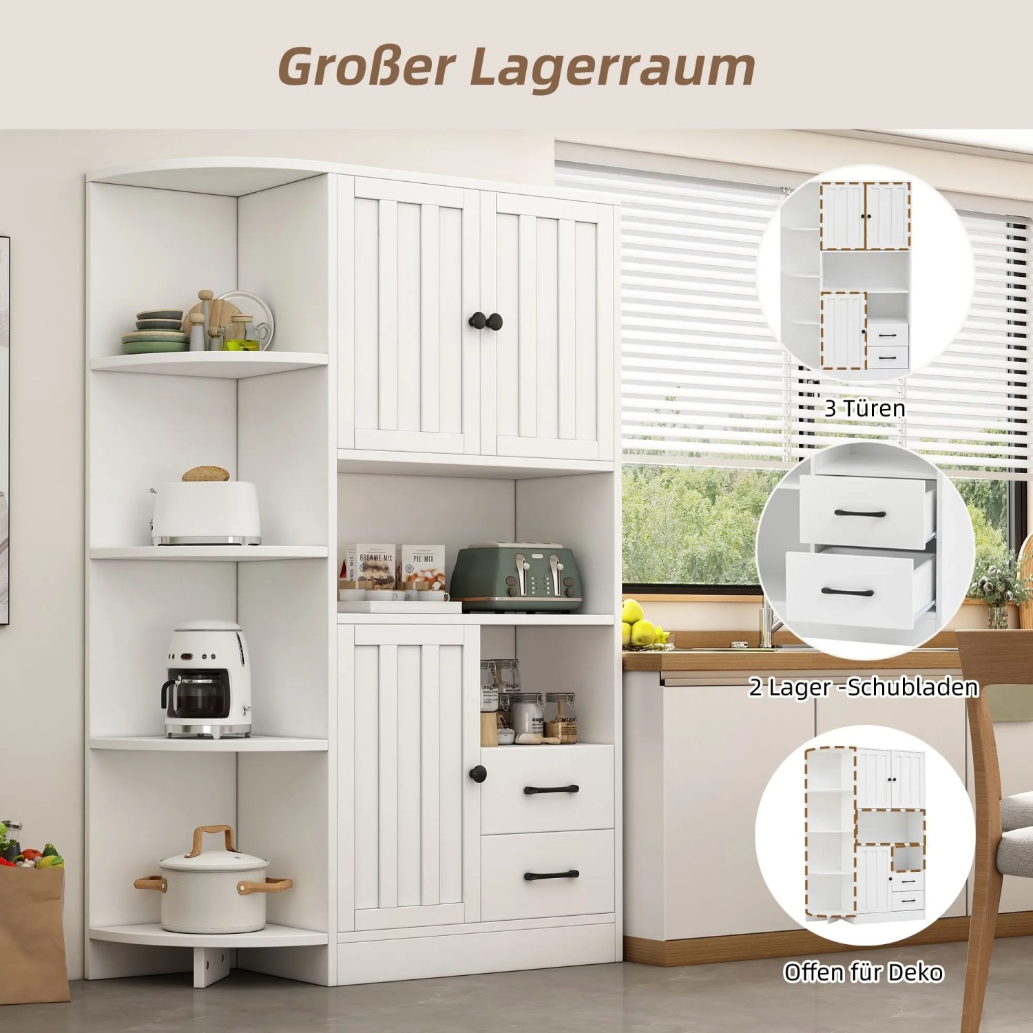 okwish Eckschrank mit Schränken Schubladen Ablagen Wohnzimmer 104x35x155cm Weiß_8