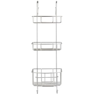 Wenko Duschcaddy Olesi mit 3 Edelstahl-Etagen und Haken zur Aufhängung in der Dusche.