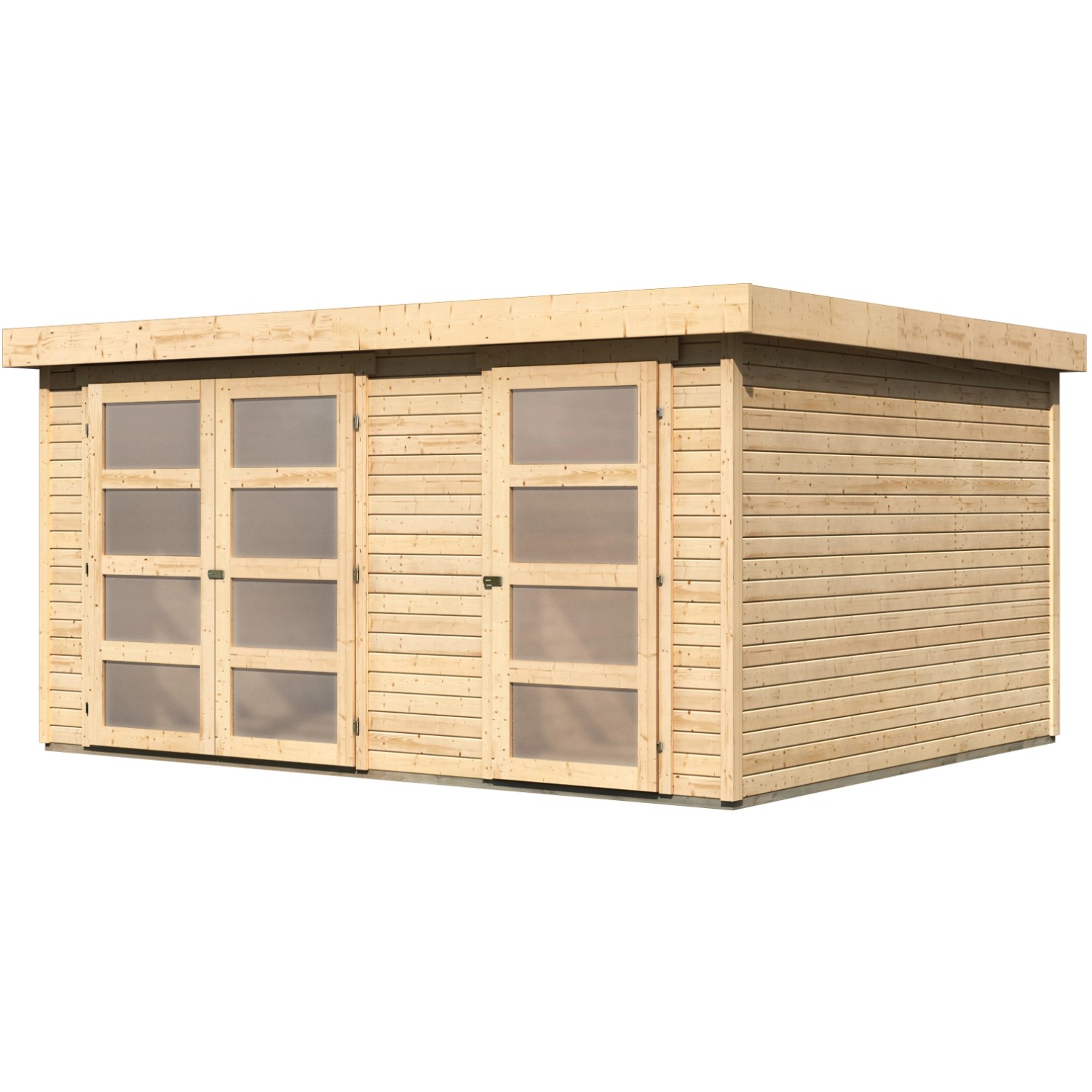 Karibu Gartenhaus Mühlentrup 3, naturbelassen, mit Flachdach und Doppeltür.