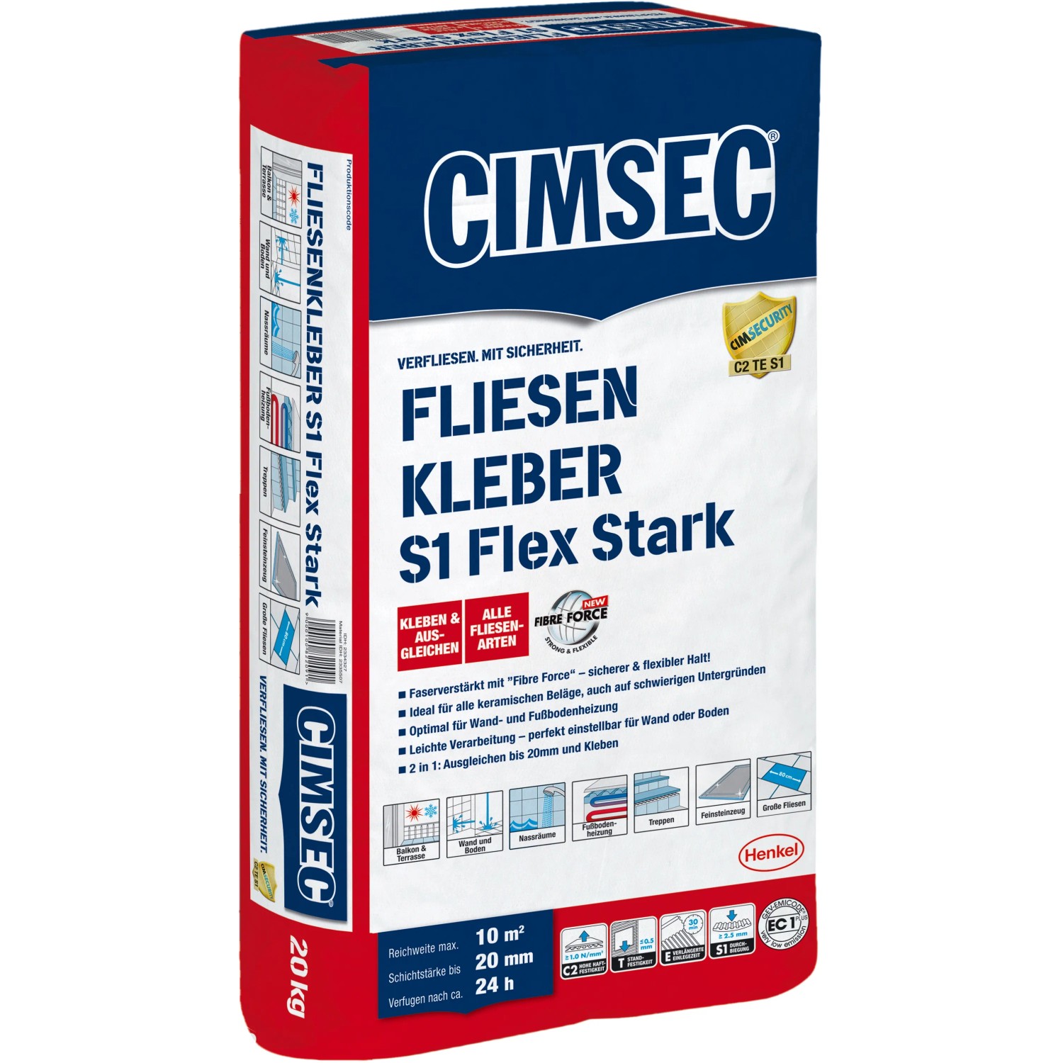 Cimsec Fliesenkleber S1 Flex stark, 20 kg Sack. Flexibler Fliesenkleber für Innen- und Außenbereich.