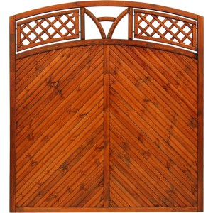Sichtschutzzaun Toulon, 180x180 cm, Teakholz mit geradem/bogenförmigem Leimholzstreifen und Gitter.