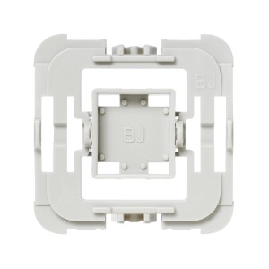 Homematic IP Adapter für Busch-Jaeger Schalterserien. Hellgraues Kunststoff-Quadrat mit BJ-Prägung für Hausautomation.