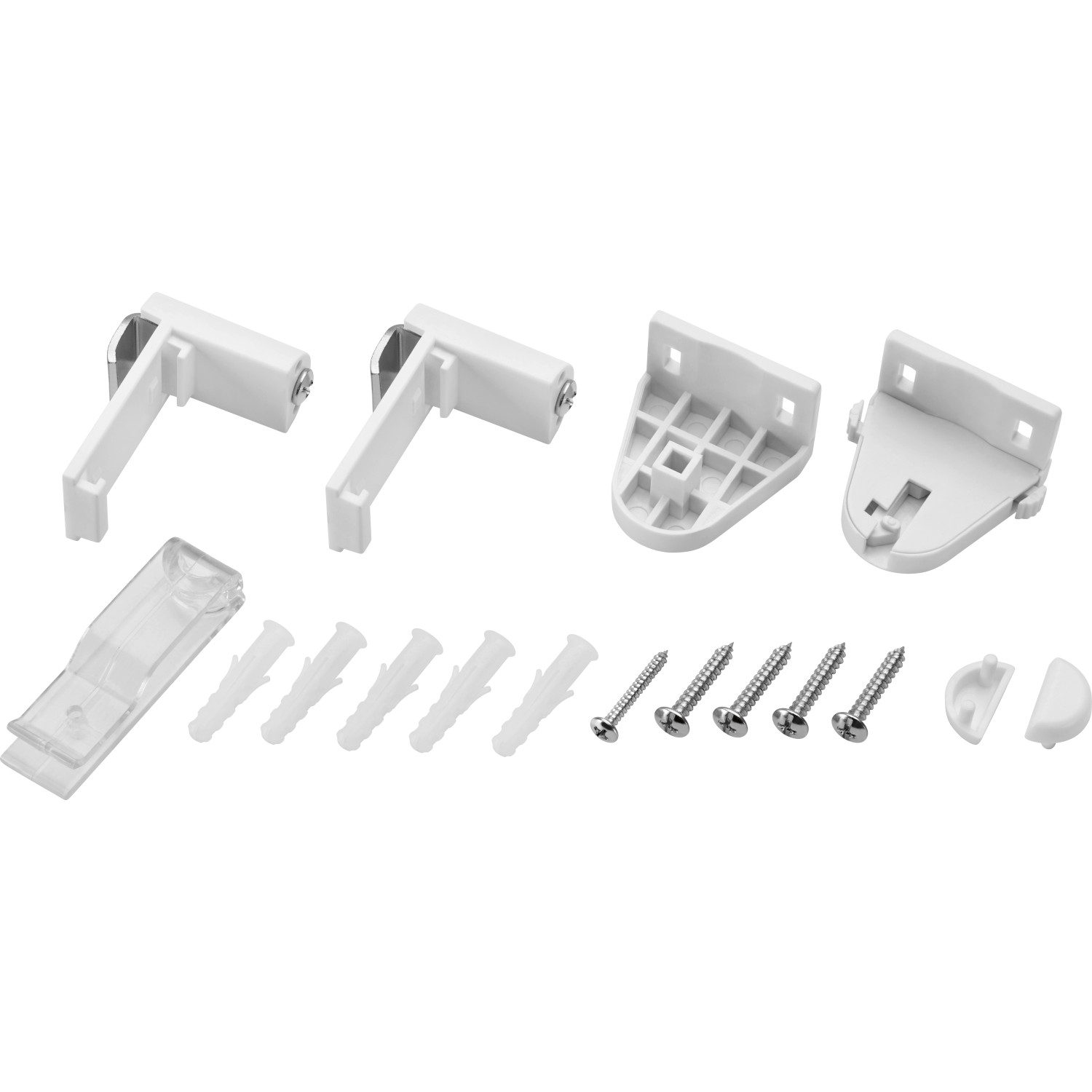 Montagematerial für Thermo-Rollo: Halterungen, Schrauben und Dübel in Weiß.