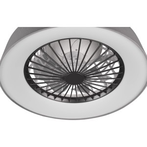 Graue Reality LED-Deckenleuchte Farsund mit integriertem Ventilator und Stoffschirm.