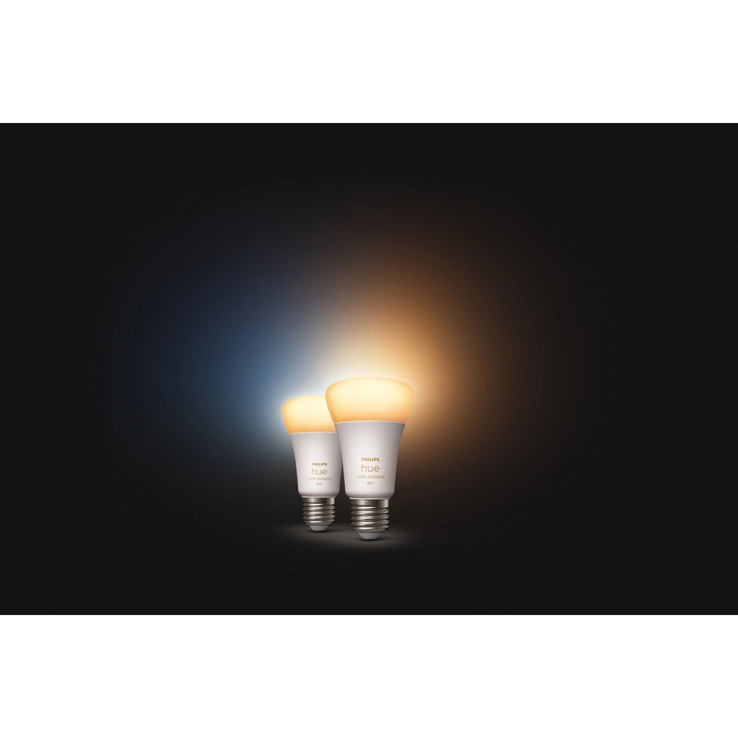 Zwei Philips Hue E27 White Ambiance LED-Lampen mit warmweißem und kaltweißem Licht.