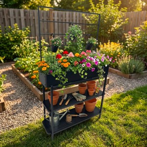 Schwarzes Metall Hochbeet mit Rankhilfe, bepflanzt mit bunten Blumen und Kräutern, Ablageflächen mit Gartenzubehör.